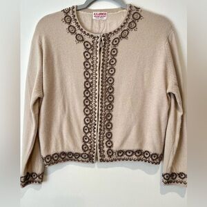 Vintage beaded cardigan / Light Tan / Made in Hong Kong /Size Medium